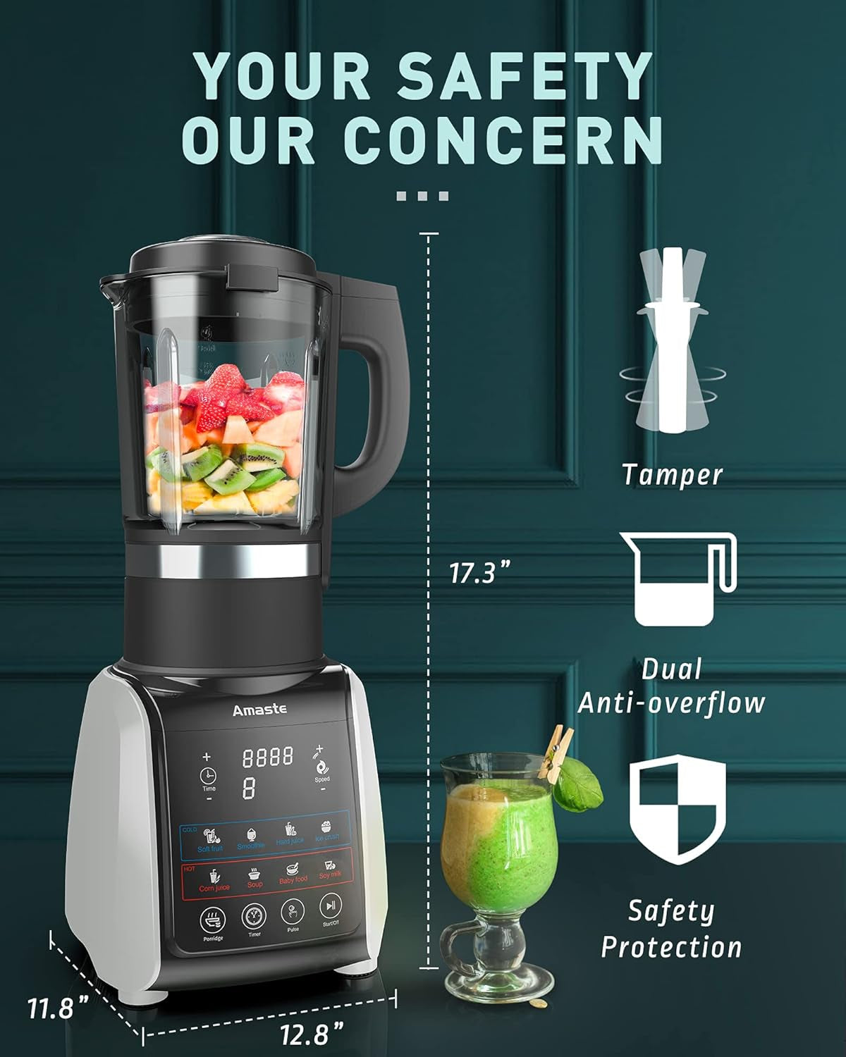 Blender for Kitchen, Glass Blender for Shakes and Smoothies, 1200W High Power Hot and Cold Blender with Timer, 64 OZ Blender for Crushing Ice, Frozen Dessert, Soup, Fish
